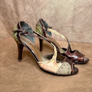 Kenzie Patchwork Paisley Peep Toe Heel Pumps Buckle Strap Women's 6.5 Y2K Fairy